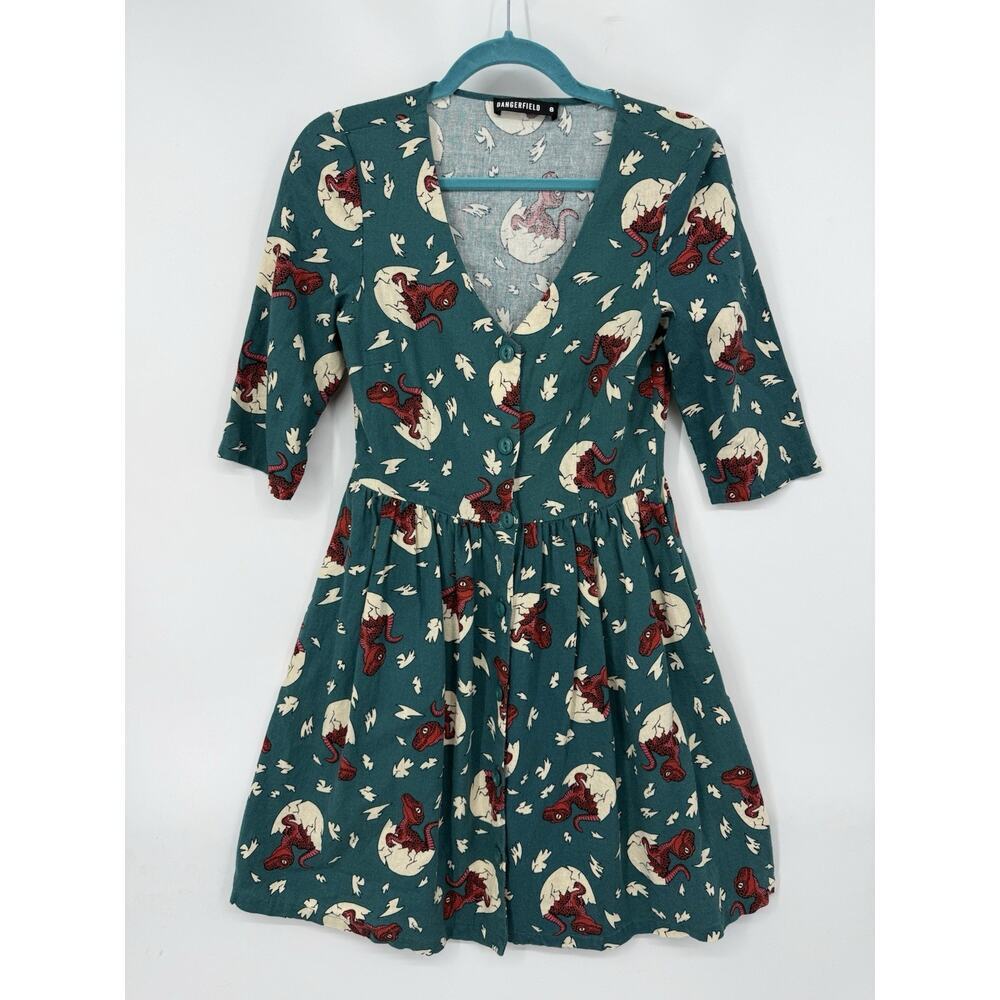 Dangerfield Dinosaur Babydoll Dress Linen Blend Raptor Egg Unique Quirky AUS 8